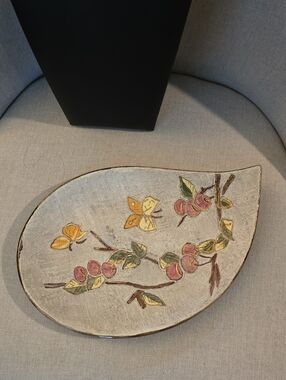Hand Crafted Leaf-Shaped Ceramic Platter with Floral Branch Design